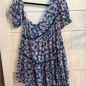 Floral Blue Dress with Pink and Green Accents one shoulder